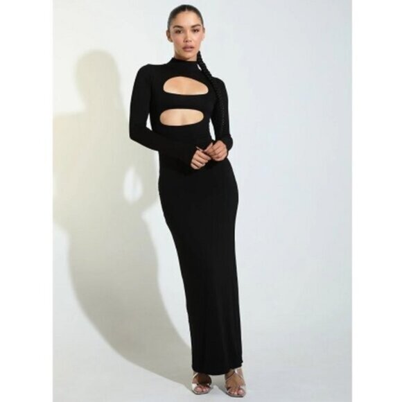 Vintage Souls Los Angeles Peek-A-Boo Cutout Maxi Dress XS Black Mock Neck Sleek - Picture 1 of 7